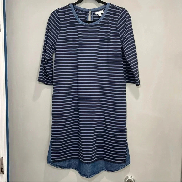 J Jill Mixed Media Shirttail Dress Striped Womens Small Blue Denim Crew - Picture 4 of 12